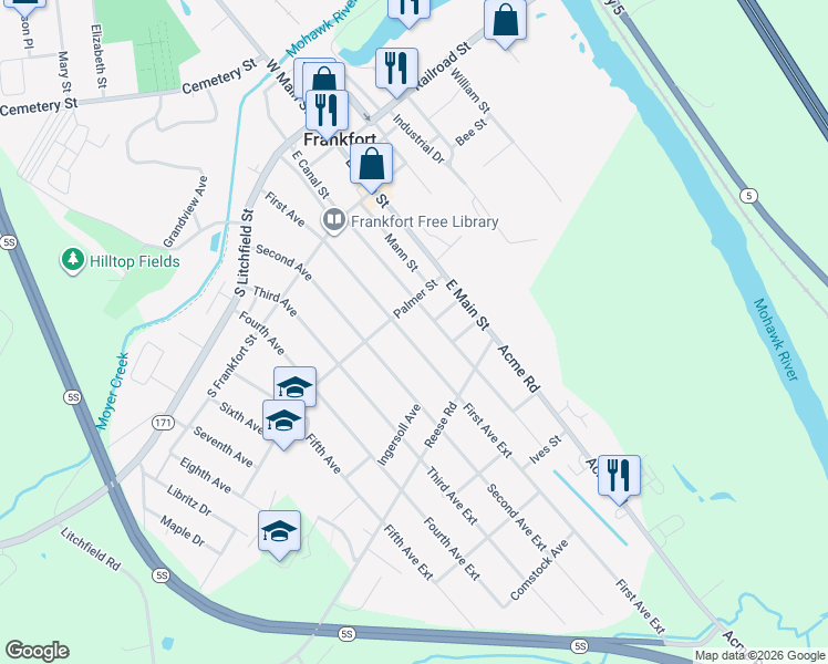 map of restaurants, bars, coffee shops, grocery stores, and more near 307 First Avenue in Frankfort