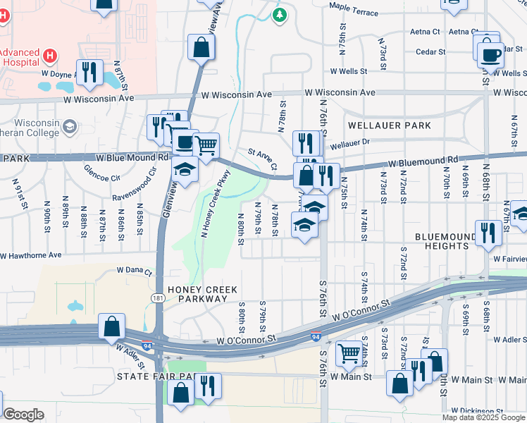map of restaurants, bars, coffee shops, grocery stores, and more near 224 North 79th Street in Milwaukee