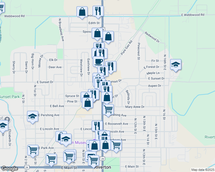 map of restaurants, bars, coffee shops, grocery stores, and more near 845 North Federal Boulevard in Riverton