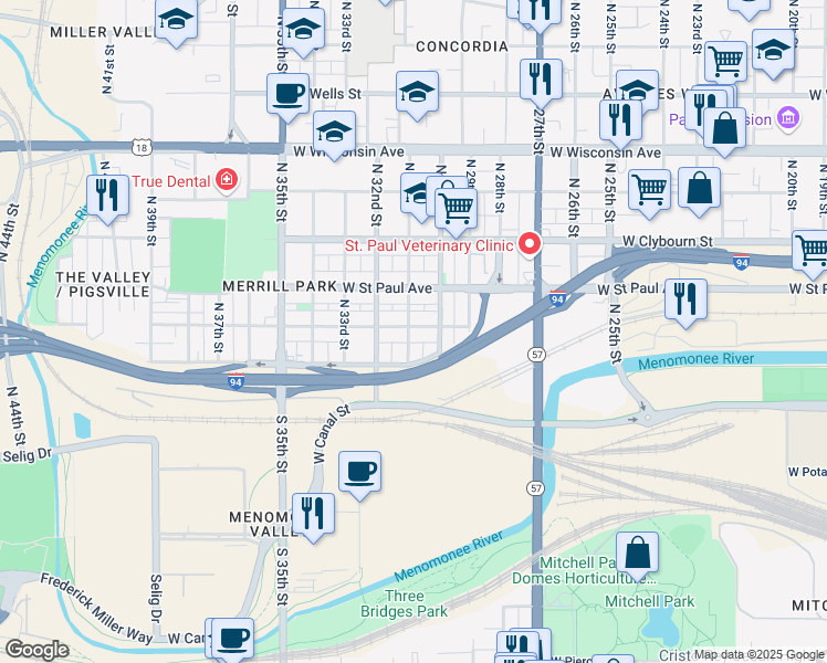 map of restaurants, bars, coffee shops, grocery stores, and more near 3031 West Mount Vernon Avenue in Milwaukee