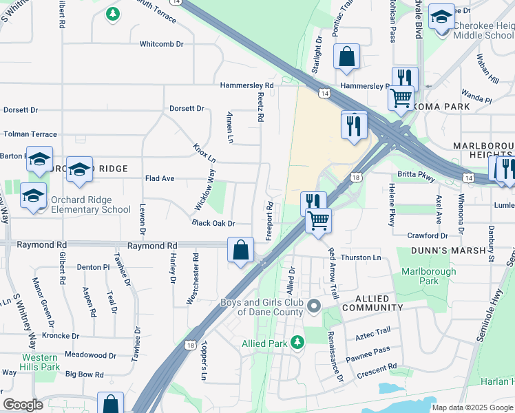 map of restaurants, bars, coffee shops, grocery stores, and more near 1811 Reetz Road in Madison
