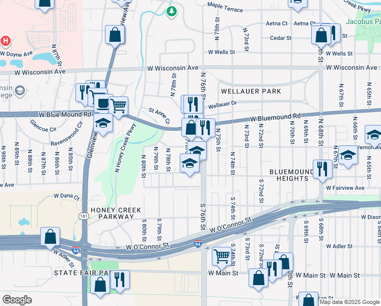 map of restaurants, bars, coffee shops, grocery stores, and more near 218 North 77th Street in Milwaukee