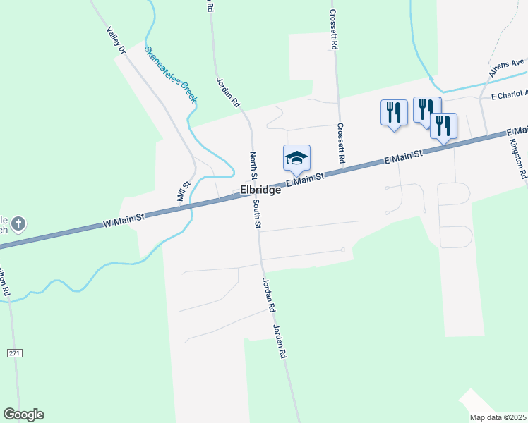 map of restaurants, bars, coffee shops, grocery stores, and more near 117 South Street in Elbridge