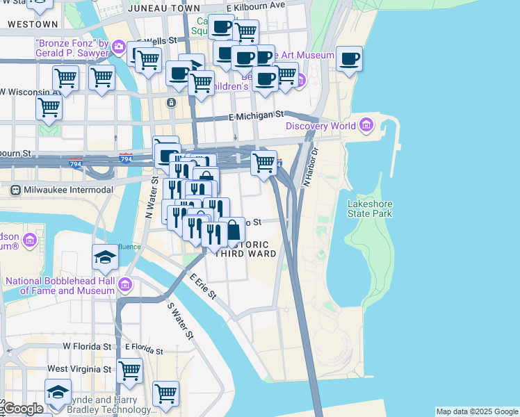 map of restaurants, bars, coffee shops, grocery stores, and more near 232 North Jackson Street in Milwaukee
