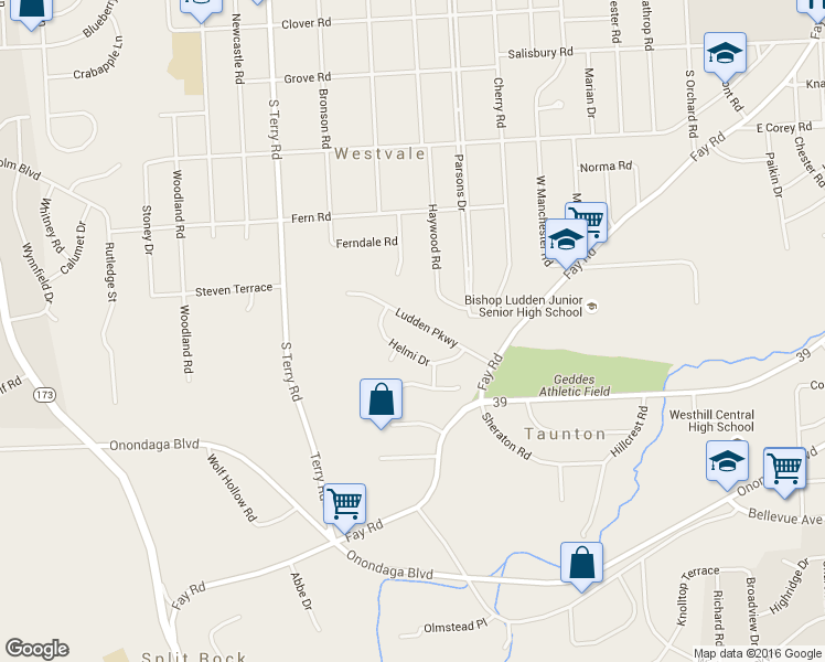 map of restaurants, bars, coffee shops, grocery stores, and more near 211 Ludden Parkway in Syracuse