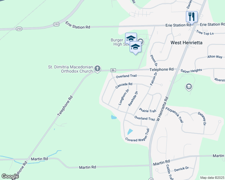 map of restaurants, bars, coffee shops, grocery stores, and more near 68 Cascade Road in West Henrietta