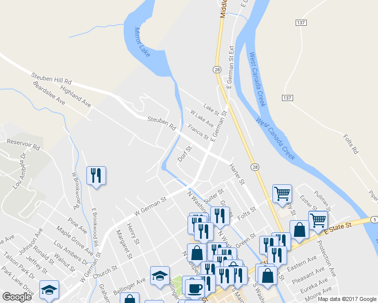 map of restaurants, bars, coffee shops, grocery stores, and more near 520 Prescott St in Herkimer
