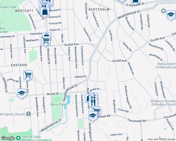 map of restaurants, bars, coffee shops, grocery stores, and more near 927 Meadowbrook Dr in Syracuse