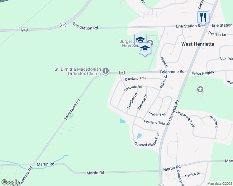 map of restaurants, bars, coffee shops, grocery stores, and more near 97 Overland Trail in West Henrietta