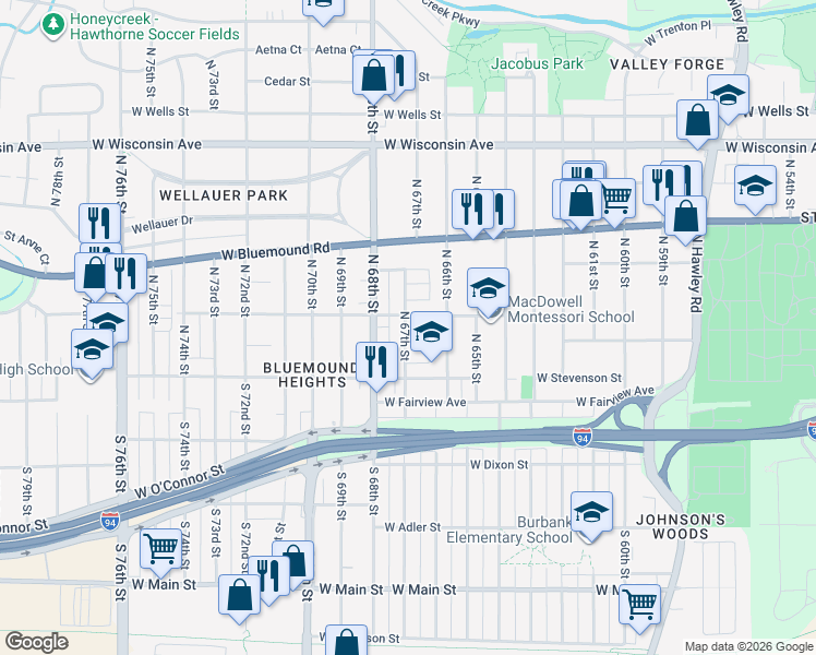 map of restaurants, bars, coffee shops, grocery stores, and more near 216 North 67th Street in Milwaukee