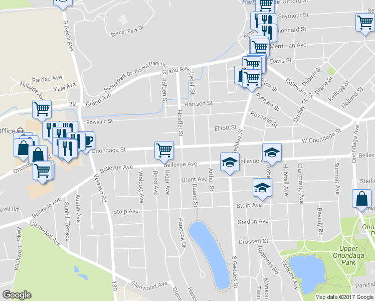 map of restaurants, bars, coffee shops, grocery stores, and more near 1517 West Onondaga Street in Syracuse