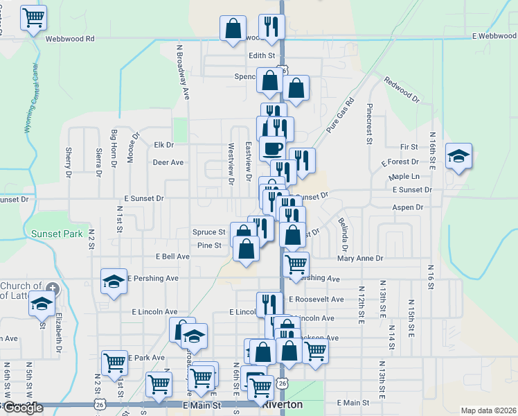 map of restaurants, bars, coffee shops, grocery stores, and more near 757 East Sunset Drive in Riverton