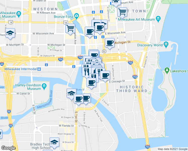 map of restaurants, bars, coffee shops, grocery stores, and more near in Milwaukee