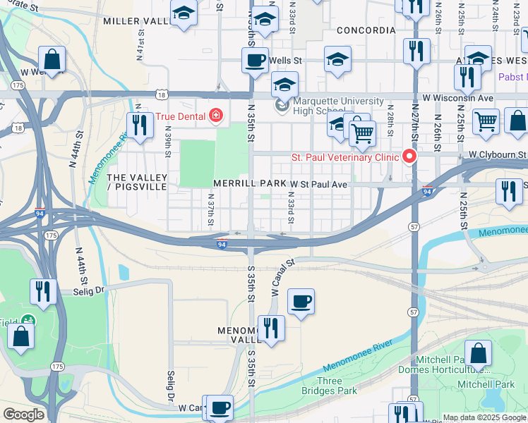 map of restaurants, bars, coffee shops, grocery stores, and more near 3411 West Mount Vernon Avenue in Milwaukee