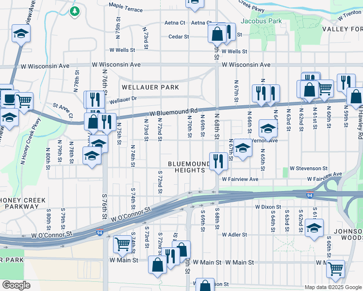 map of restaurants, bars, coffee shops, grocery stores, and more near 218 North 71st Street in Milwaukee