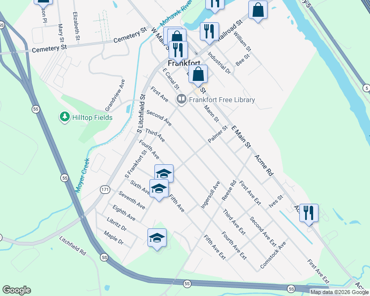 map of restaurants, bars, coffee shops, grocery stores, and more near 236 2nd Ave in Frankfort