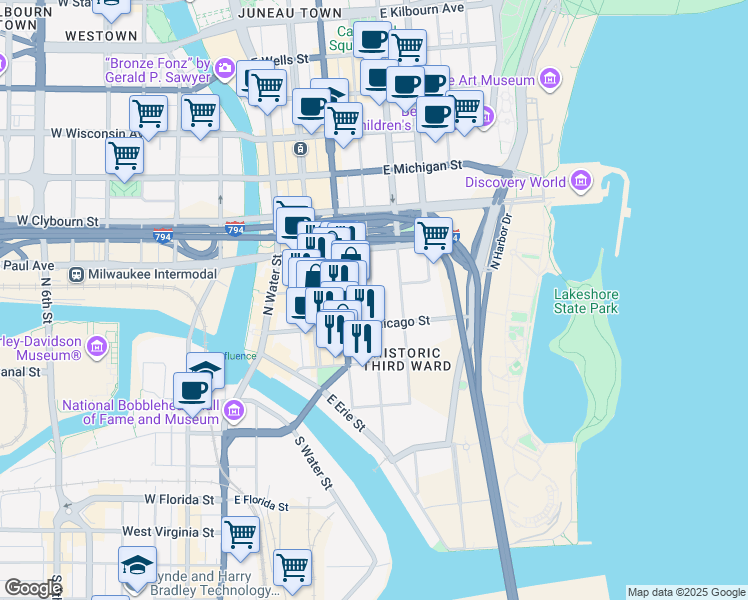 map of restaurants, bars, coffee shops, grocery stores, and more near 246 North Jefferson Street in Milwaukee
