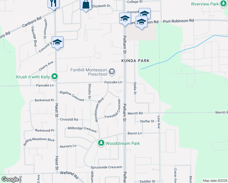 map of restaurants, bars, coffee shops, grocery stores, and more near 57 Foresthill Crescent in Pelham