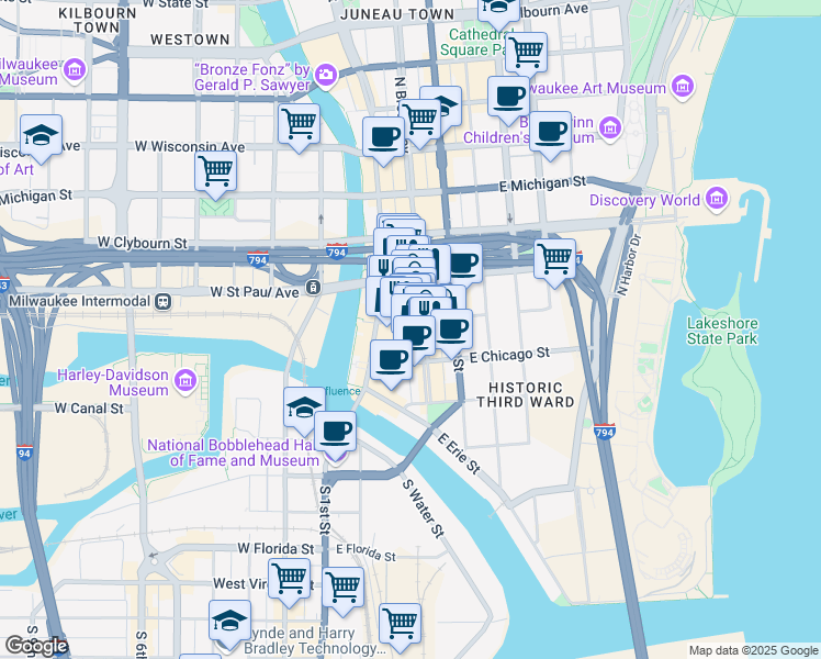 map of restaurants, bars, coffee shops, grocery stores, and more near in Milwaukee