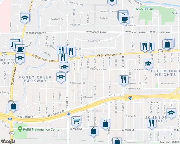 map of restaurants, bars, coffee shops, grocery stores, and more near 222 North 73rd Street in Milwaukee