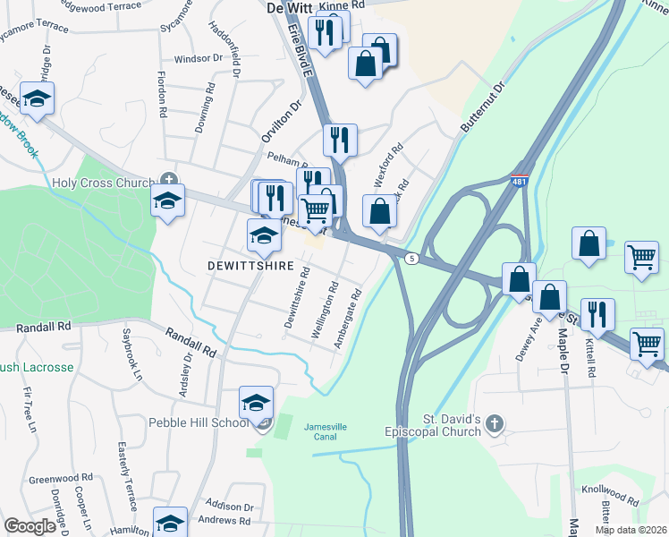 map of restaurants, bars, coffee shops, grocery stores, and more near 108 Wellington Road in Syracuse