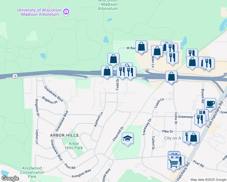 map of restaurants, bars, coffee shops, grocery stores, and more near 2710 McDivitt Road in Madison