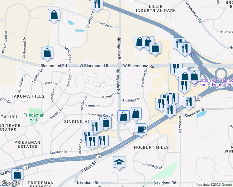 map of restaurants, bars, coffee shops, grocery stores, and more near 2138 Ruben Drive in Waukesha