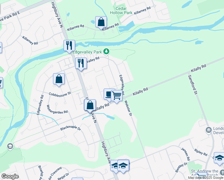 map of restaurants, bars, coffee shops, grocery stores, and more near 1501 Agathos Street in London