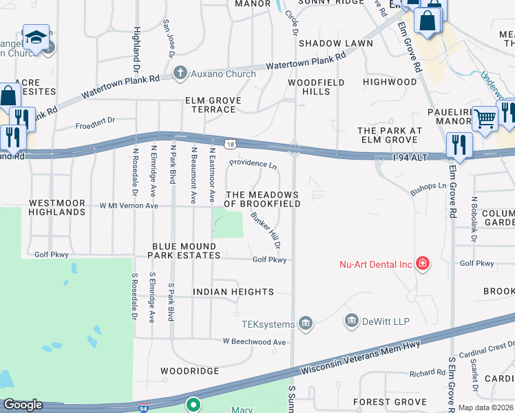 map of restaurants, bars, coffee shops, grocery stores, and more near 260 Bunker Hill Drive in Brookfield