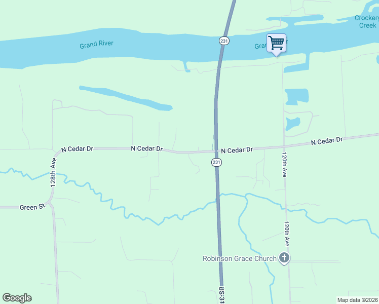 map of restaurants, bars, coffee shops, grocery stores, and more near 12290 North Cedar Drive in Grand Haven