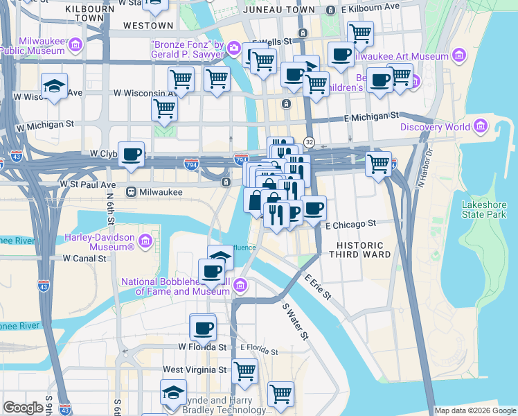 map of restaurants, bars, coffee shops, grocery stores, and more near 249 North Water Street in Milwaukee