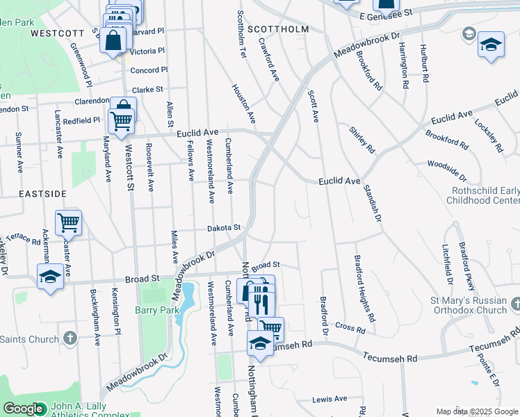 map of restaurants, bars, coffee shops, grocery stores, and more near 927 Meadowbrook Drive in Syracuse