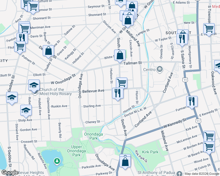 map of restaurants, bars, coffee shops, grocery stores, and more near 416 Bellevue Avenue in Syracuse