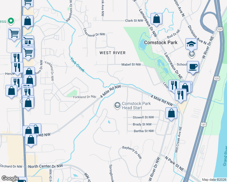 map of restaurants, bars, coffee shops, grocery stores, and more near 250 4 Mile Road Northwest in Comstock Park