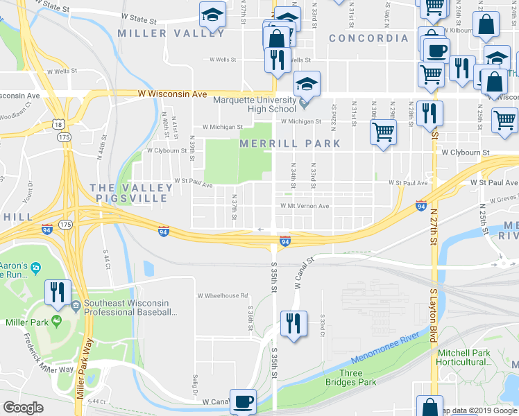 map of restaurants, bars, coffee shops, grocery stores, and more near 234A North 36th Street in Milwaukee