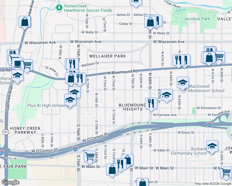 map of restaurants, bars, coffee shops, grocery stores, and more near 218 North 72nd Street in Milwaukee