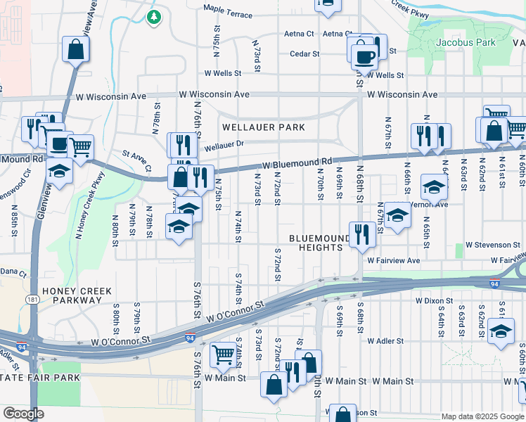 map of restaurants, bars, coffee shops, grocery stores, and more near 222 North 73rd Street in Milwaukee