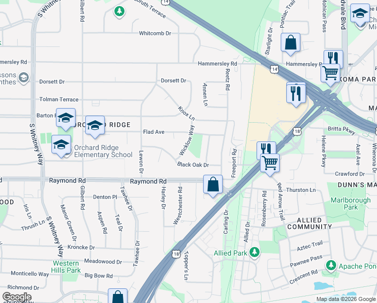 map of restaurants, bars, coffee shops, grocery stores, and more near 1717 Wicklow Way in Madison