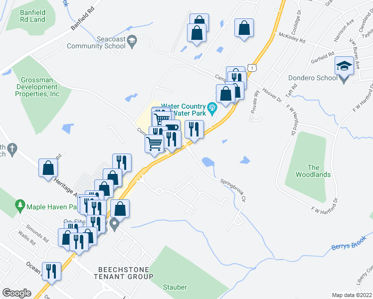 map of restaurants, bars, coffee shops, grocery stores, and more near 902 Spring Brook Circle in Portsmouth