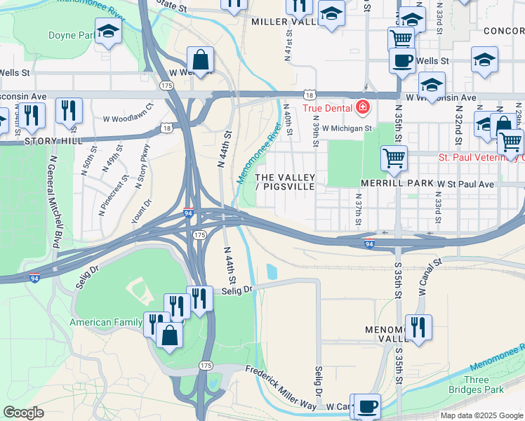 map of restaurants, bars, coffee shops, grocery stores, and more near 4149 West Mount Vernon Avenue in Milwaukee