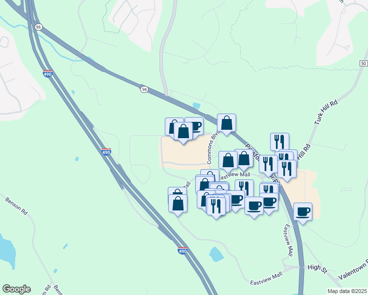 map of restaurants, bars, coffee shops, grocery stores, and more near 7550 Commons Boulevard in Victor