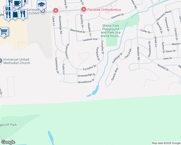 map of restaurants, bars, coffee shops, grocery stores, and more near 102 Greenhedge Drive in Camillus