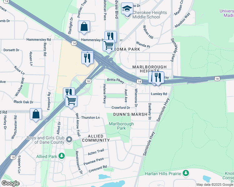 map of restaurants, bars, coffee shops, grocery stores, and more near De Volis Parkway in Madison