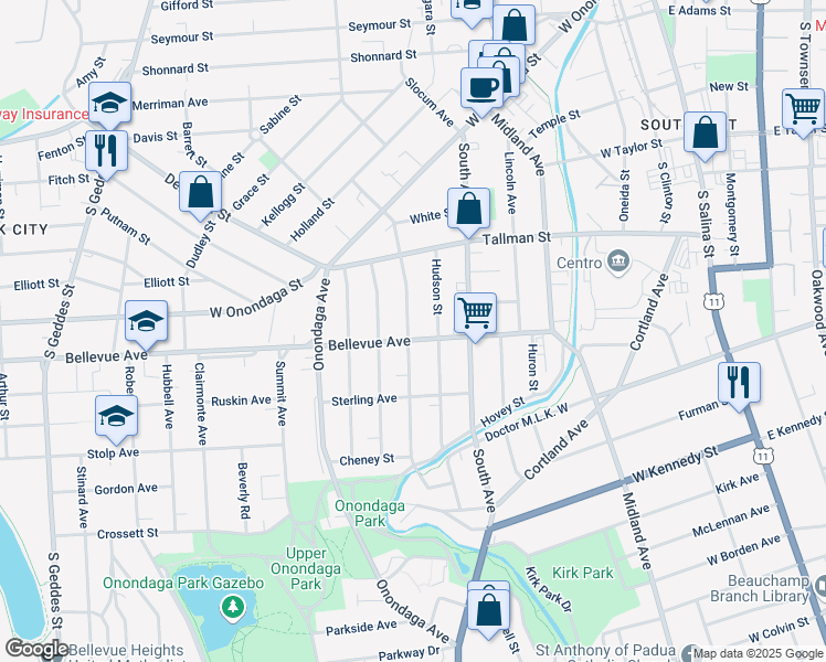 map of restaurants, bars, coffee shops, grocery stores, and more near 416 Bellevue Avenue in Syracuse