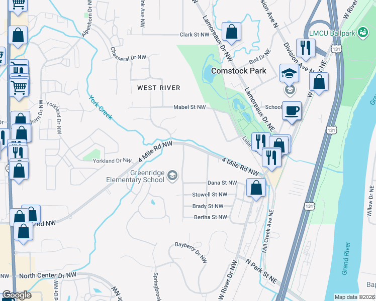 map of restaurants, bars, coffee shops, grocery stores, and more near 152 4 Mile Road Northwest in Comstock Park