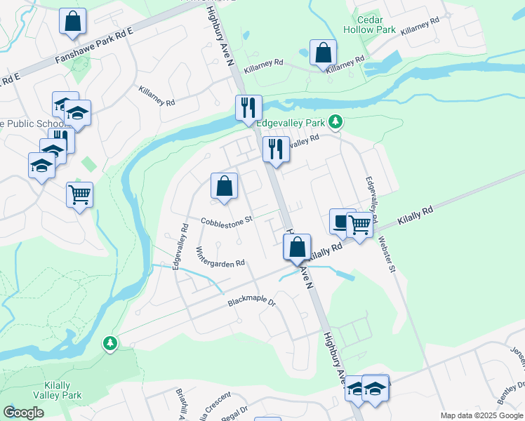 map of restaurants, bars, coffee shops, grocery stores, and more near 1354 Baycliffe Place in London