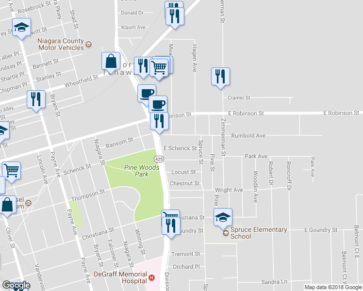 map of restaurants, bars, coffee shops, grocery stores, and more near 570 East Schenck Street in North Tonawanda