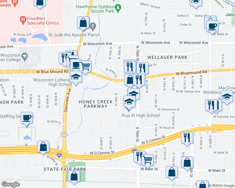 map of restaurants, bars, coffee shops, grocery stores, and more near 7747 West Mount Vernon Avenue in Milwaukee
