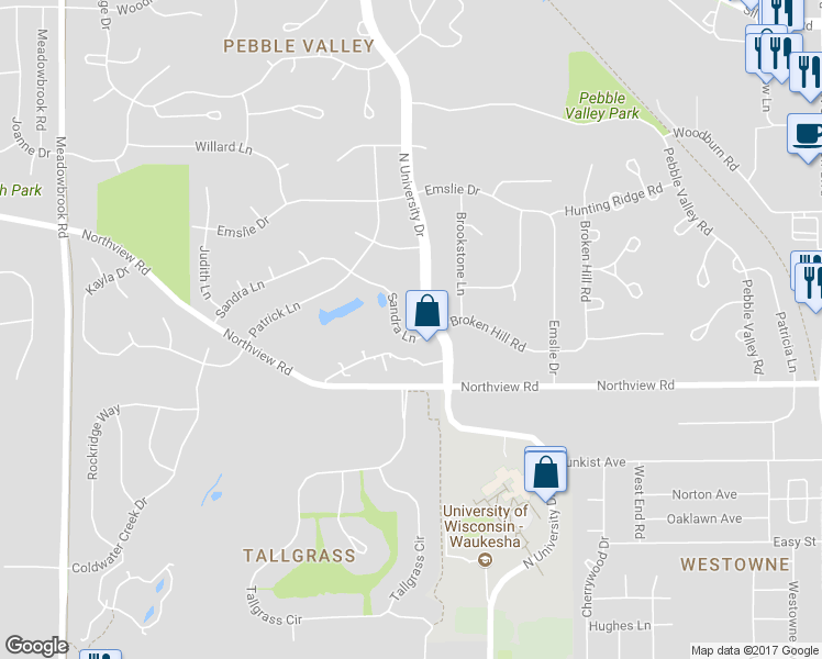 map of restaurants, bars, coffee shops, grocery stores, and more near 2714 Sandra Lane in Waukesha