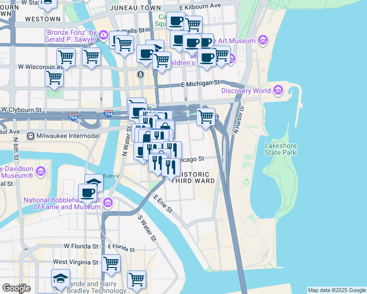 map of restaurants, bars, coffee shops, grocery stores, and more near 246 North Jefferson Street in Milwaukee